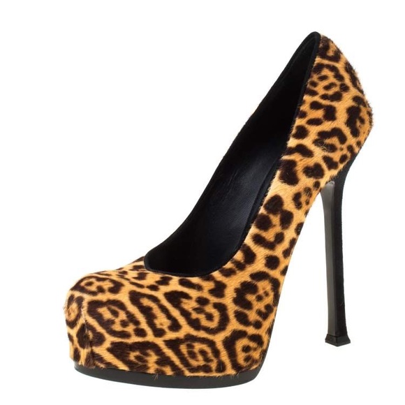 YSL Brown Leopard Print Calf Hair Tribtoo Platform Pumps Size 37 - Picture 6 of 6